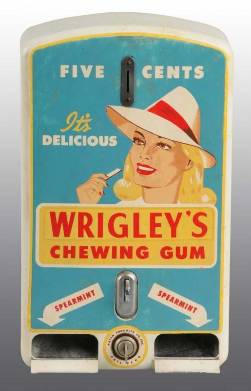 Wrigley's Chewing Gum 5-Cent Dispenser.: Depicts a lady chewing a stick of gum with a 1930s-look. Includes original key. Dispenser has minor wear overall. 14" T. (Very Good - Excellent).