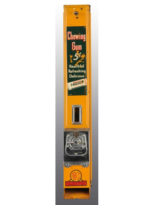 Wrigley's Chewing Gum 5-Cent Wall-Mounted Machine: Working. All original. 28" T. (Excellent).