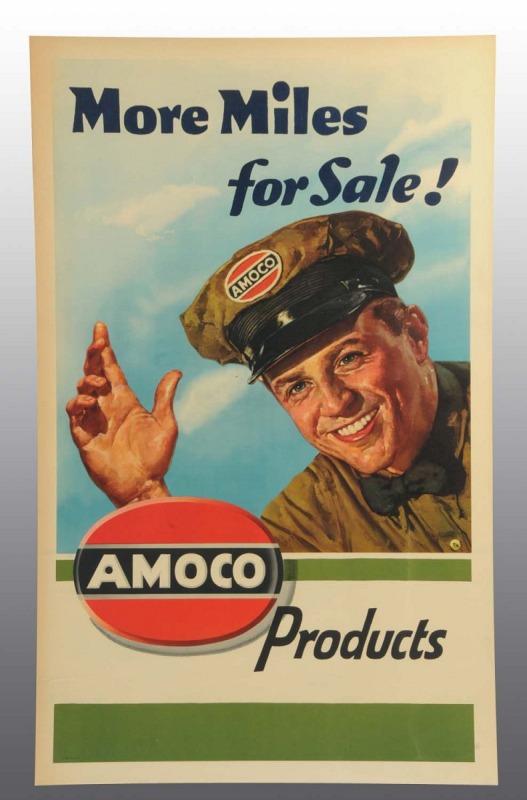 Amoco Products Poster.: 1940s. Entitled "More miles for sale". Clean and bright with only minor edge ambering or soiling. 42 - 1/2" x 26 - 1/2". (Near Mint).