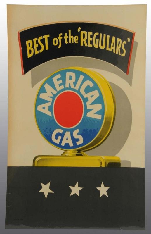 Amoco Gas Single Globe Poster.: 1940s. Clean and bright. Two small closed edge tears and mild ambering to left border. 42 - 1/2" x 26 - 1/2". (Near Mint).