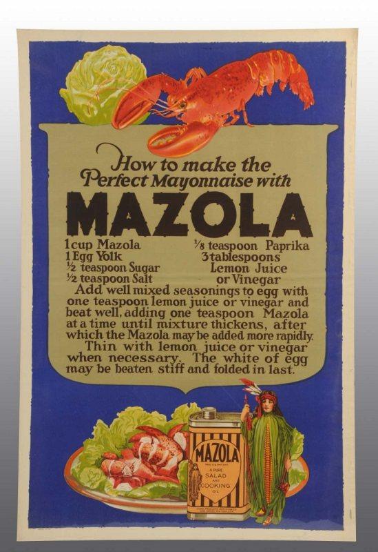 Mozola Lobster Poster.: Circa 1930s. Beautiful graphics of large lobster and maiden with product. Minuscule soiling and no wear or marks. 42 - 1/4" x 28". (Near Mint Plus).