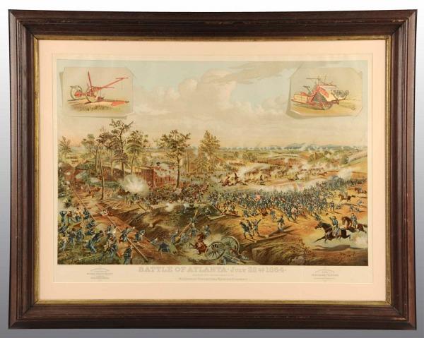 Battle of Atlanta McCormick Poster.: 1880s to 1890s. Framed and matted in what appears to be its original or period frame. Advertising McCormick harvesting machinery. Fantastic battle illustration with lithography by Cosack & Company in 