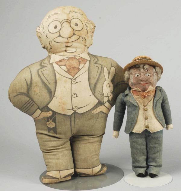 Lot of 2 Comic Character "Foxy Grandpa" Dolls.: All cloth character with stockinette face, painted eyes with glasses, curly gray hair and painted sideburns, all original in blue felt suit and straw hat (one arm loose and coat torn at shoulder). Pri
