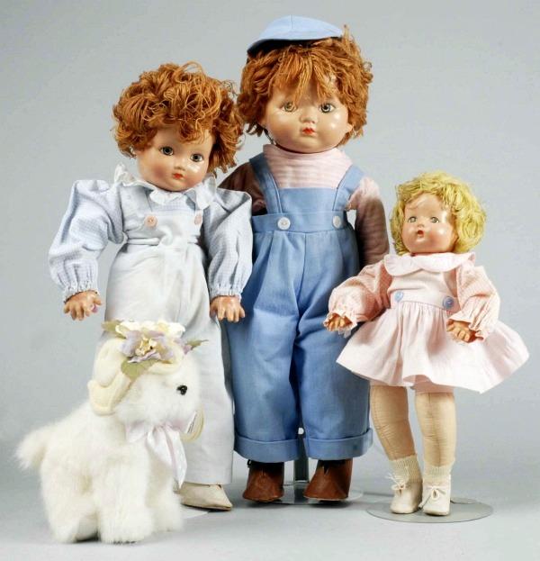 Lot of 3 Effanbee Composition/Cloth Dolls.: 1943, World War II dolls when it wasn't possible to get much material for making dolls. "Brother & Sister," all original in matching pink and blue outfits and larger rarely found "Mickey." All dolls h