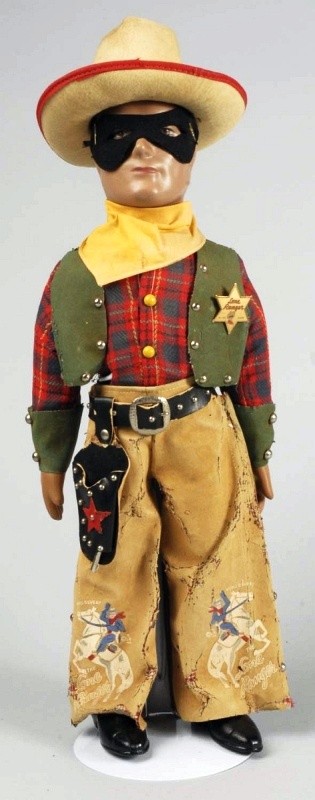 Rare Composition "Lone Ranger" Character Doll.: Dollcraft Novelty Co., N.Y. Composition character head with molded hair and painted features, cloth body with composition gloved hands and molded shoes. All original in cowboy outfit with plaid shirt,