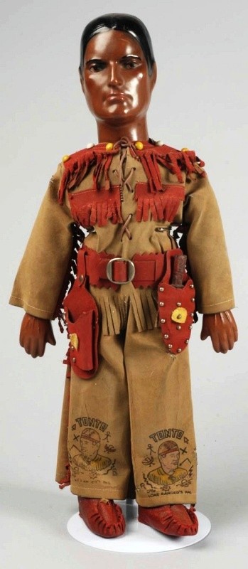 Rare Composition "Tonto" Character Doll.: Dollcraft Novelty Co. N.Y. American Indian movie character, "The Lone Ranger's Pal." Molded short black hair, painted features (wear on one eyebrow, line on forehead), cloth body with composition glov