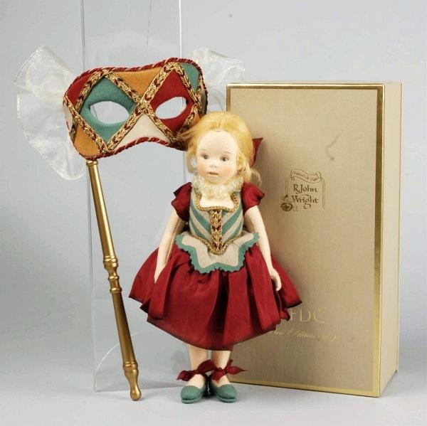 R. John Wright Candy Box "Musette".: Souvenir doll for the 2003 UFDC National Convention, all original and boxed. With the mask that R. John Wright designed for the convention banquet table favor. 12" T. (Excellent).
