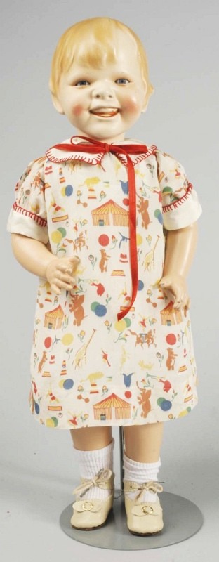 "Gladdie" Character Doll by Helen Jensen.: Biscaloid ceramic head fully marked on back, with molded blonde hair, blue sleeping eyes, open/closed mouth with molded teeth, rosy cheeks, cloth torso with composition arms and legs. Vintage silk dre