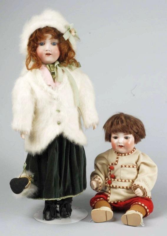 Lot of 2 Bisque Nippon Dolls.: Bisque socket heads, both with FY trademark. Character baby, sleeping eyes, original mohair wig, composition baby body; child doll with sleeping eyes, red mohair wig, jointed composition body (repaint