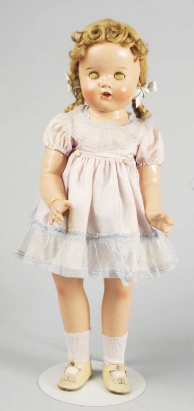 Madame Alexander Composition/Cloth "Special Girl": 1942 only. Composition head (light crazing on face, short crack at each eye socket) on shoulder plate, lashed sleeping eyes (crackled), open mouth with teeth, human hair wig with forehead curls and br