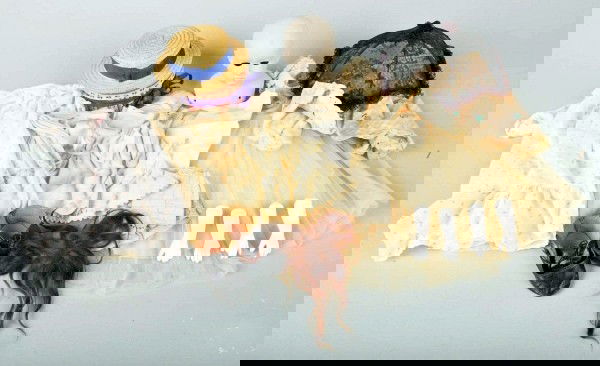 Box Lot of Miscellaneous Doll Items.: Hertwig bride and groom set (broken); tatting over satin baby hat; tagged Alexander bride gown for 14" doll; 15 pieces of white antique doll underclothes and coat; crocheted baby booties; unpainted he