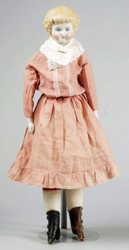 Sweet German China Child Doll.: China shoulder head by Alt, Beck & Gottschalck, mold #1000, blonde hair with bangs, so-called Highland Mary (chip, break and reglue across shoulder front to back), antique cloth body (stains, wear and