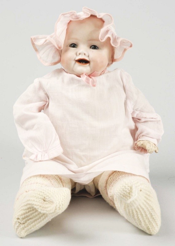 Georgene Averill "Bonnie Babe" Character Doll.: Bisque flange head fully incised on back, made by Alt, Beck & Gottschalck, blue sleeping eyes, open mouth with tongue and 2 lower teeth, painted hair, original cloth body and composition lower limbs (