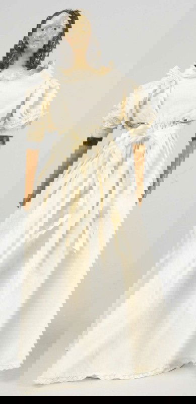 Charming German Papier-Mâché Lady Doll.: Shoulder head (soil and wear on face, cracking on hair with several chunks off) with desirable hairdo featuring black molded hair with long curls on each side, the back pulled into a low braided bun,