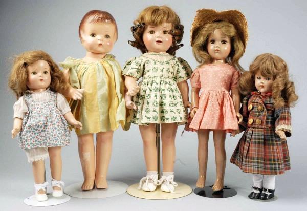 Lot of 5: Composition Dolls.: Effanbee "Patsy Ann" (finger off, overall crazing, flaking on arm), perfect sleeping eyes, taffeta dress; Effanbee "Patricia," original human hair wig, perfect sleeping eyes, (fingers broken); unmarke