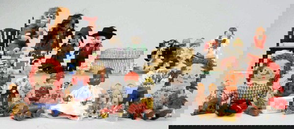 Huge Lot of Miniature Dolls and Toys.: Most are vintage. Tiny Raggedy Ann and Andy; hard plastic Indian girl, Flagg Flexible Doll in box; mohair monkey; all-bisque Amish pair; Japan "Pinocchio" and "Skippy'; "Skookum" Papoose; 2 Steiff woo