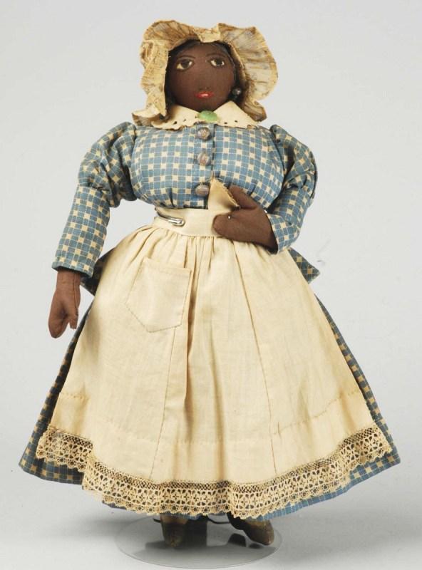 Vintage Black Cloth Lady Dolls.: All brown cloth with embroidered face features, outlined eyes, grayish hair, earrings, stuffed body with painted heeled shoes, beautifully made all original outfit: blue check dress, apron, hat, and u