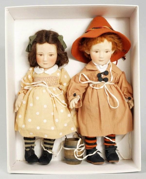 R. John Wright Nursery Rhyme Series "Jack & Jill": Exclusive pair of felt dolls for the Toy Shoppe, Richmond, Va. Limited Edition #57/100. All felt, molded and painted features, original felt costumes, wooden pail, 1992-1993. Original box bottom, no l