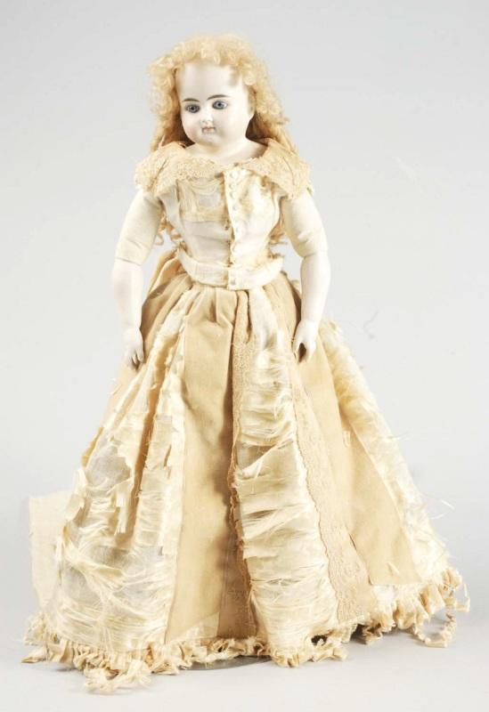 Lovely German Bisque Alt, Beck & Gottschalck Doll: Bald turned early pale bisque shoulder head (extensive repair to front shoulder plate), blue glass eyes, closed mouth with lip shading line, replaced blonde mohair wig, newer cloth body with lovely an