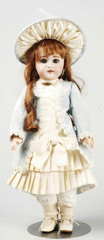 Sweet French Bisque Child Doll.: Bisque socket head incised DEP with red stamped "Tête Jumeau." Blue gray sleeping eyes, painted upper eyelids, real eyelashes, multi-stroked eyebrows, pierced ears, open mouth with upper teeth, repla