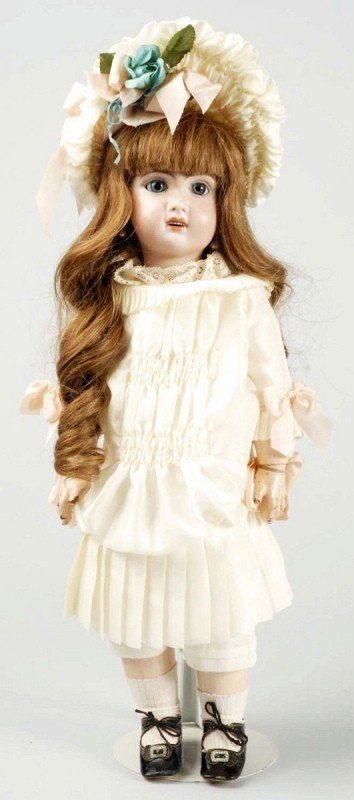 Pretty French Bisque Bébé Jumeau Doll.: Bisque Socket head incised 6, (repaired forehead on left side, hairline on right cheek below eye), blue paperweight eyes, multi-stroked eyebrows, painted upper and lower eyelashes, open mouth with upp