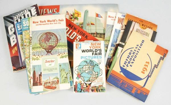 Lot of New York's World Fair Maps & Handbooks.: Includes one set of flash cards, several maps, one 1933 Chicago Exposition catalog, one 1939 New York World's Fair brochure, one 1939 General Motors Exhibition Building pamphlet, one 1965 New York Wor