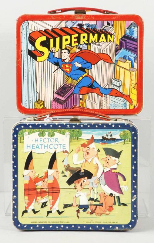 Lot of 2: Metal Lunchboxes.: Includes a 1967 Superman with thermos. The box has minor scratching to the edges and the thermos is very nice. Also includes a 1964 Hector Heathcote box with thermos. The box has minor scratching alon