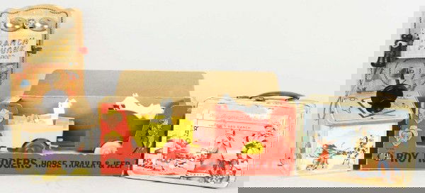 Lot of 3: Western Theme Toys.: American. Includes one Roy Rogers and Dale Evans lunchbox, without thermos, made by the American Thermos Company. Also includes one Ideal Roy Rogers horse trailer and jeep in original box with figures