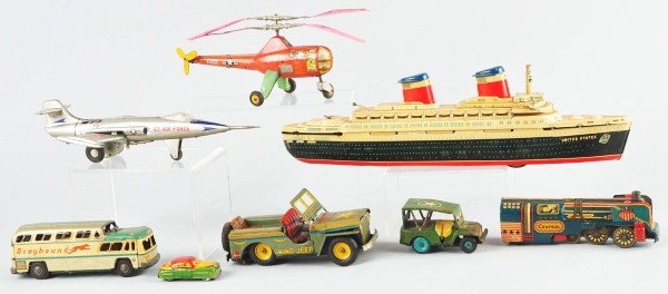 Lot of 8: Assorted Tin Vehicle Toys.: Japanese. Includes battery-operated and friction vehicles consisting of helicopters, jeeps, boats, busses, and trains. Some overall scratching and wear. Size: Largest: 18" L.