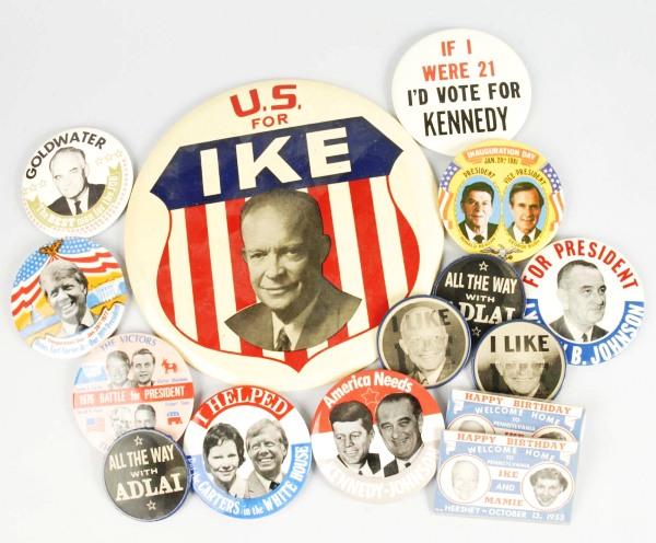 Lot of Political Buttons.: Includes celluloid over cardboard Eisenhower photo badge by the Philadelphia Badge Company, two 1953 "Welcome Home Ike and Mamie" Hershey tags, two "I like Ike" reflection buttons, one large Linden B.