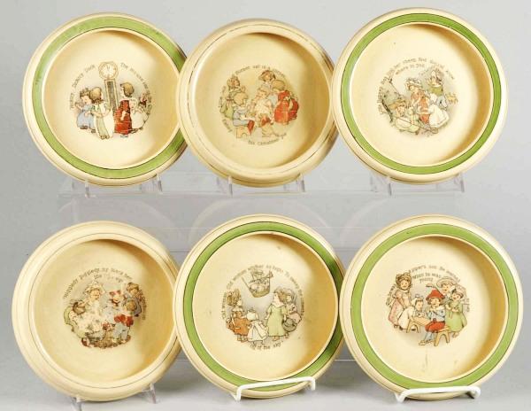 Lot of 6: Roseville Nursery Rhyme Dishes.: Includes Hickory Dickory Dock, Tom the Piper's Son, Little Bo Beep, Jack Horner, Higgledy Piggledy, and the Old Woman. Some mild crazing throughout and two with minor paint loss and scratches. Size: E