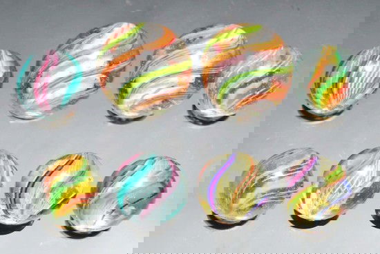 Lot of 8: Assorted Same Cane Swirl Marbles.: This group includes four pairs of same cane marbles. Includes one pair of white solid core, one pair of yellow, green, and orange solid core, and one pairs of yellow latticino, and one pair of white l