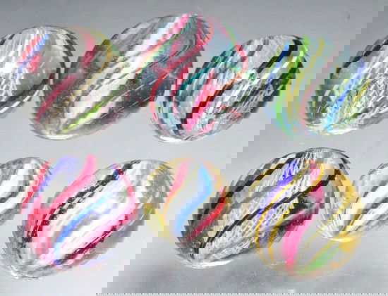 Lot of 6: Swirl Marbles.: Various swirl marbles include three latticino, and three solid core. Size: Range: 13/16" to 1 - 3/16" Dia.