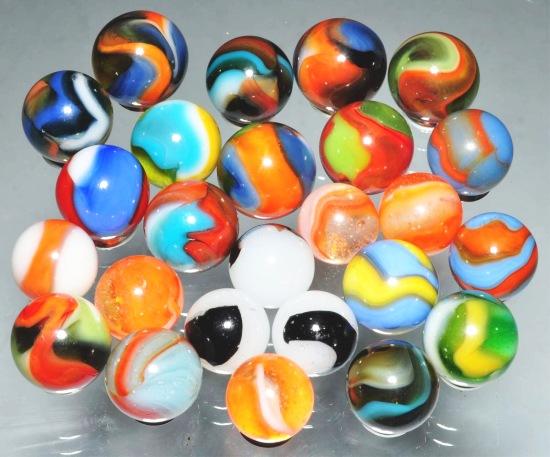 Lot of 25: Peltier & Akro Marbles.: Includes four Akro tricolor corks and 21peltiers. Size: Range: 5/8" Dia. to 11/16" Dia.