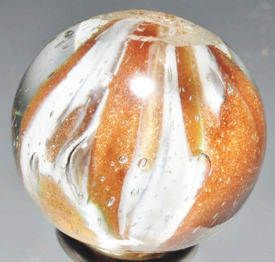 Shrunken Core White Onionskin Lutz Marble.: Nice example with large blotches of lutz. Great appearance with only one tiny chip. Size: 3/4" Dia.