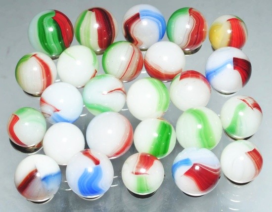 Lot of 25: Akro Oxblood Patch Marbles.: Excellent condition. Size: Range: 9/16" Dia. to 5/8" Dia.