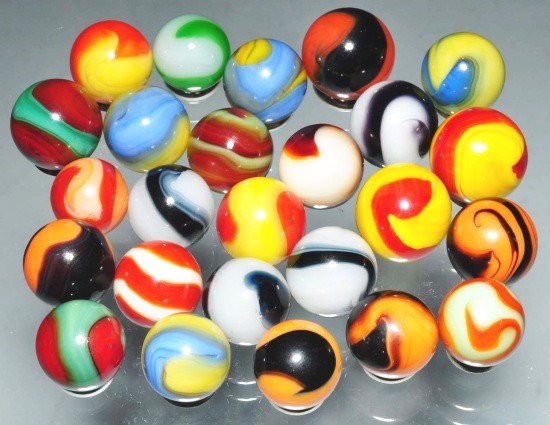 Lot of 25: Akro Corkscrew Marbles.: Contains two- and three-colored corkscrews. Size: Range: 9/16" Dia. to 11/16" Dia.