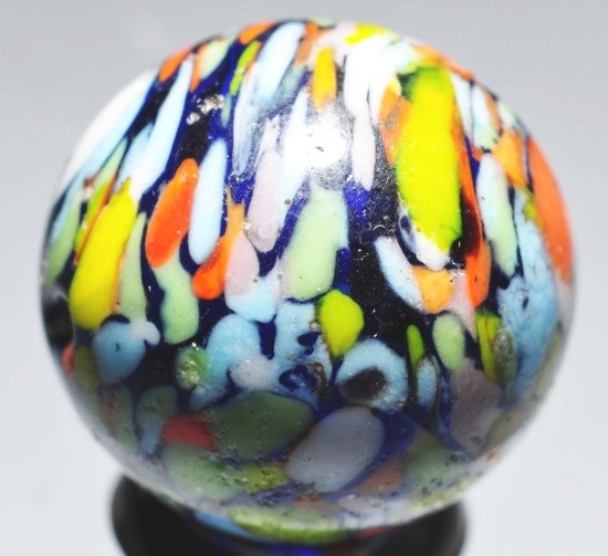 Christensen Agate Cobalt Guinea Marble.: Single cut line guinea with four colors. Some surface imperfections and slight haze. Size: 9/16" Dia.