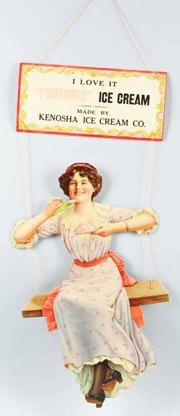 Primrose Ice Cream Die-Cut Sign.: Bright and colorful two-piece die-cut litho cardboard string hung store sign for Primrose Ice Cream. The lady on the swing is eating a dish of ice cream. Identical sign normally seen with lady drinkin