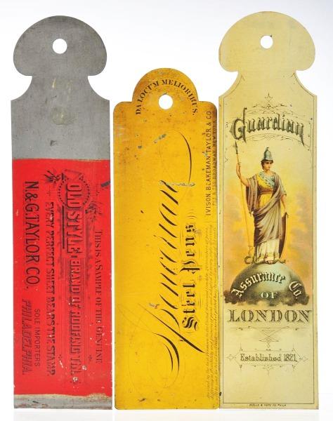 Lot of 3: Tin Ledger Markers.: Pre-1900 scarce lot of tin litho ledger markers includes red Taylor Old Style Brand, Guardian Insurance Company of London – Wells & Hope, and Spencerian Steel Pens (Davids' Writing Fluid Ink). Color