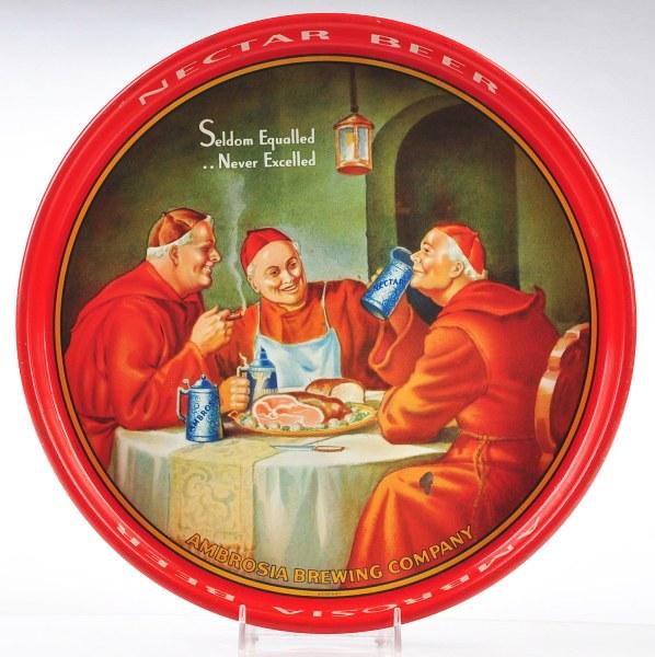 Lot of 2: Beer Serving Trays.: Includes one for Nectar Beer from Ambrosia Brewing Company with great image of monks eating, smoking, and drinking. Also includes one for Esslinger's Ale with colorful illustrated Esslinger's man with
