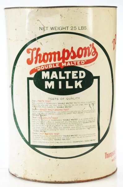 Thompson's Double Malted Milk.: 25-Pound Can. Size: 14 - 1/2" T.