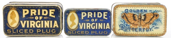 Lot of 3: Tobacco Mixtures.: Fine colorful lot of flat pocket tins includes Golden Butterfly and two size variations of Pride of Virginia. Size: Largest: 5 - 1/2" L.