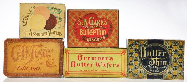 Lot of 5: Wafer/Biscuit Tins.: Pre-1900 square corner cookie tins include Bent's Assorted Wafers, G.H. Foster Biscuits, S.B. Clark's Biscuits, Bremner's Wafers, and Butter Thin Biscuits. Size: Largest: 9 - 1/4" L.