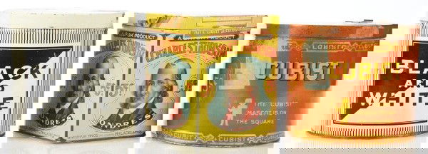 Lot of 3: 50 Count Cigar Tins.: Very nice lot includes Cubist, Black & White, and the square shaped Charles Thomson Cigars. All tins show overall wear. Size: Largest: 5 - 1/2" T.