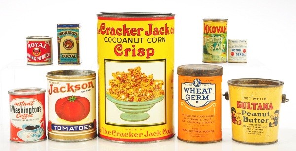 Lot of 9: Assorted Food Tins.: Lot includes G. Washington Instant Coffee, Jackson Tomatoes, Cracker Jack Cocoanut Corn Crisp, Wheat Germ Sultana Peanut Butter, Kkovah Health Salt, Postum Cereal, Royal Baking Powder and Monarch Coco