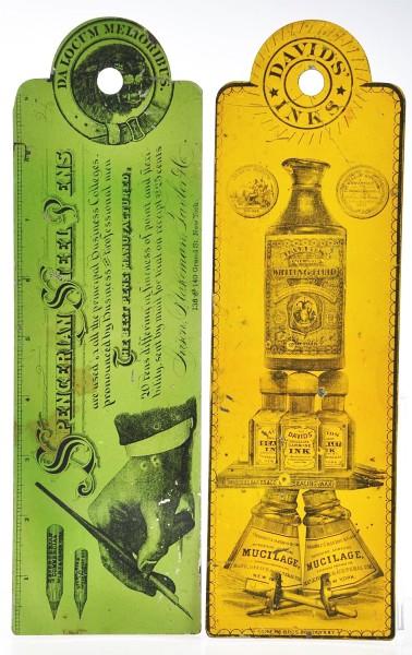 Lot of 2: Davids' Inks Tin Ledger Markers.: Pre-1900 scarce lot of tin litho ledger markers include green and gold color variations with wonderful graphics on two sides advertising Spencerian Steel Pens one side and Davids' Inks and Mucilage on