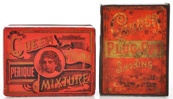 Lot of 2: Square Corner Tobacco Tins.: Pre-1900 lot includes pre-1900 Queen Virginia Mixture and upright paper label Canuck Cut Plug Smoking. Size: Largest: 4 - 1/2" T.