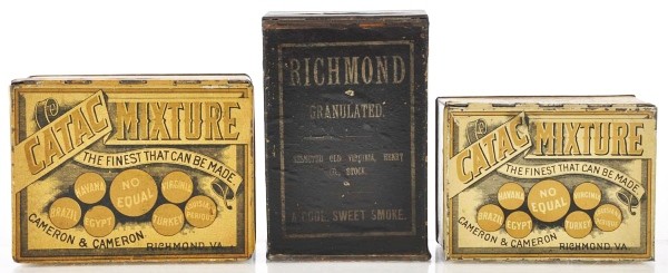 Lot of 3: Square Corner Tobacco Tins.: Pre-1900 lot includes upright Richmond Granulated with paper label and two size variations of Cameron & Cameron's Catac Mixture. Size: Largest: 4 - 1/2" T.