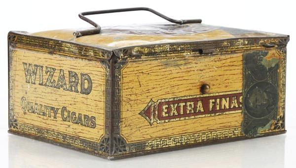 Wizard Quality Cigars Tobacco Lunch Box.: Nice embossed lettering on top of tin with beautiful paper label under lid. Tin shows minimal wear. Size: 6 - 1/2" L.